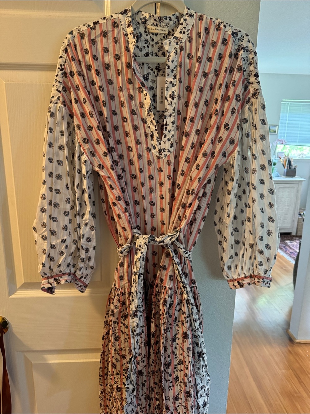 Ulla Johnson White and Coral-Pink Striped Floral Tie-Waist Midi Dress
